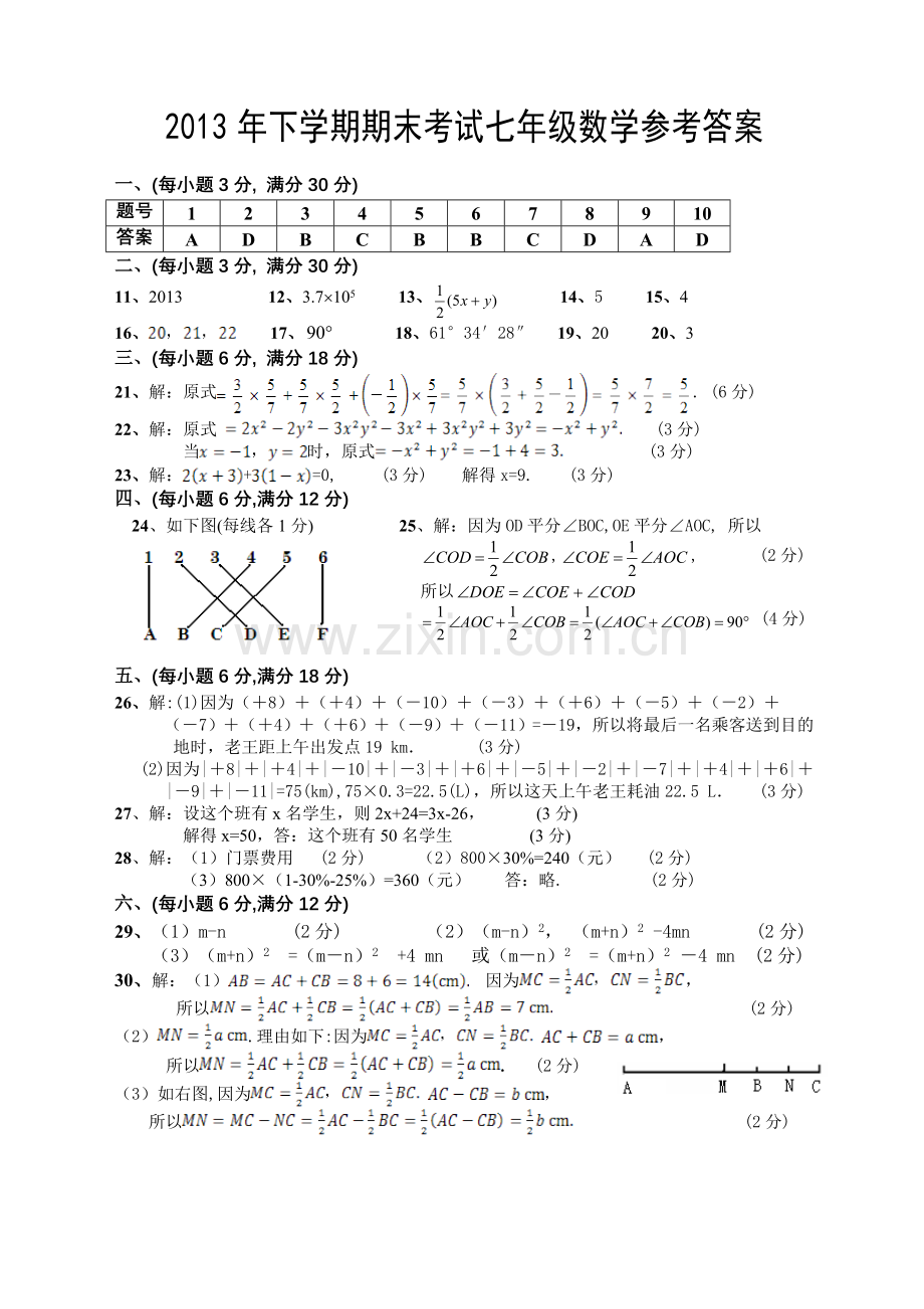 2013年下学期期末考试七年级数学参考答案.doc_第1页