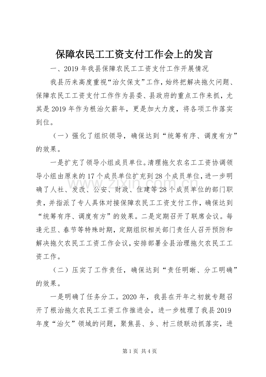 保障农民工工资支付工作会上的发言.docx_第1页
