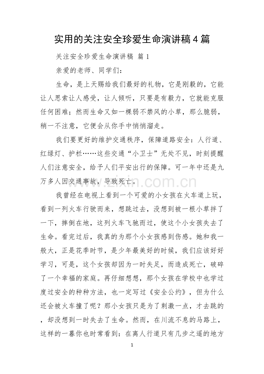 实用的关注安全珍爱生命演讲稿4篇.docx_第1页