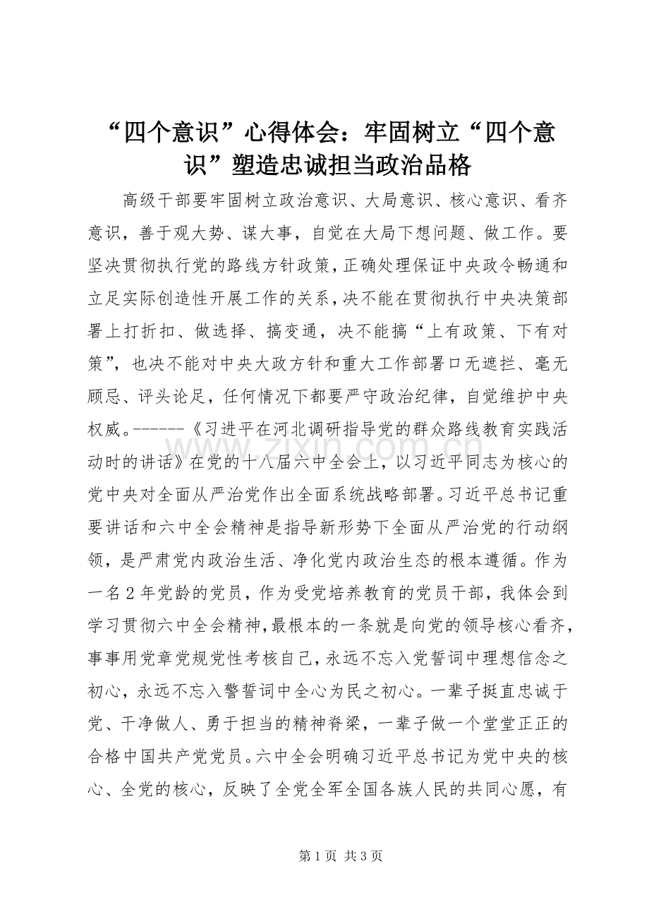 “四个意识”心得体会：牢固树立“四个意识”塑造忠诚担当政治品格.docx_第1页