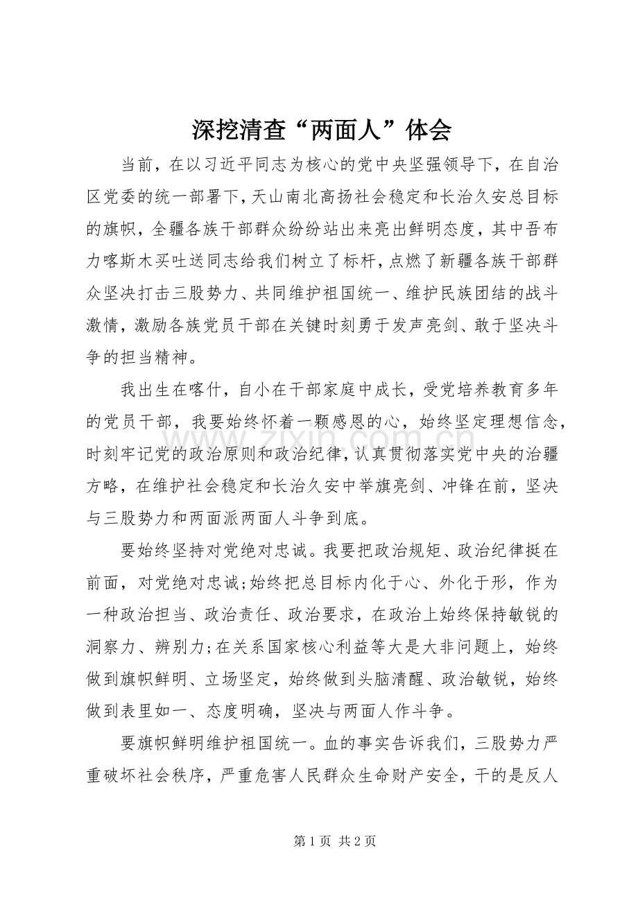 深挖清查“两面人”体会.docx_第1页