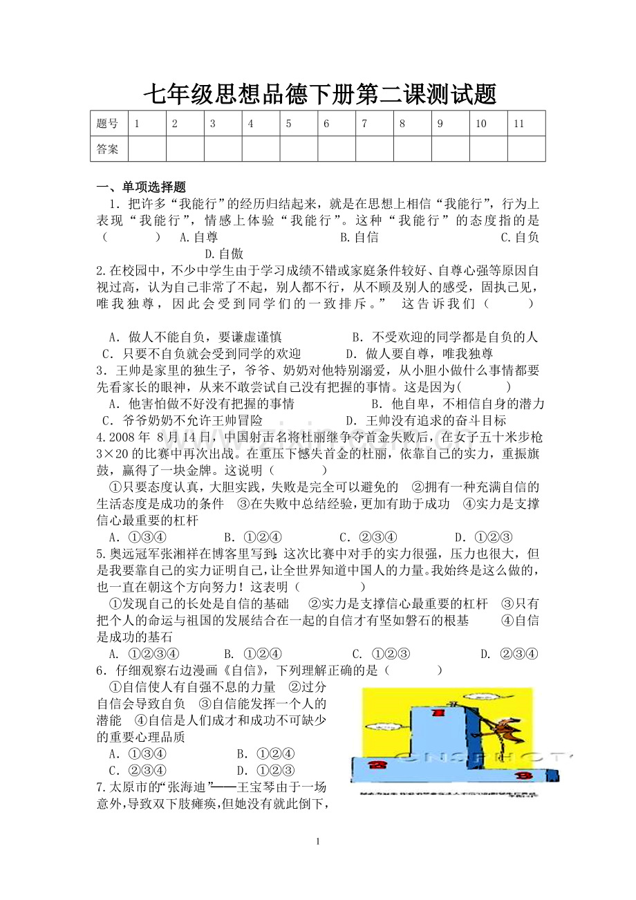 七年级思想品德下册第二课测试题.doc_第1页