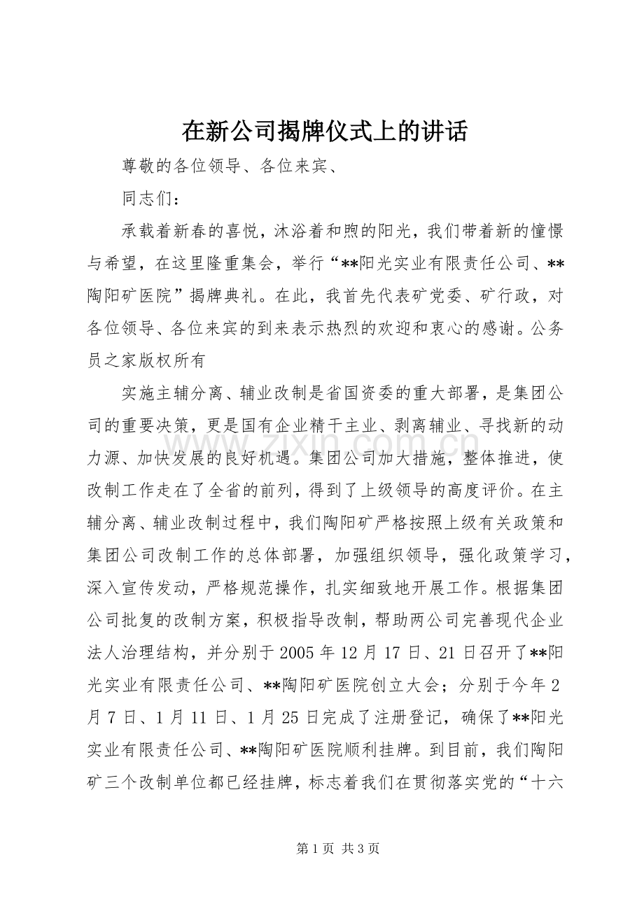 在新公司揭牌仪式上的讲话.docx_第1页