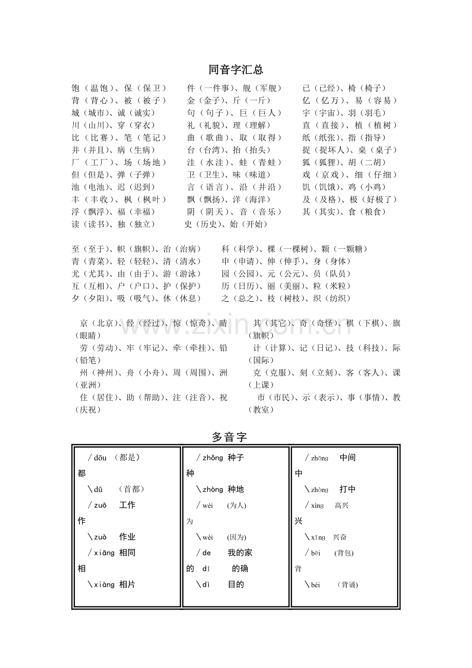 二年级语文上册同音字、多音字总复习.doc_第1页
