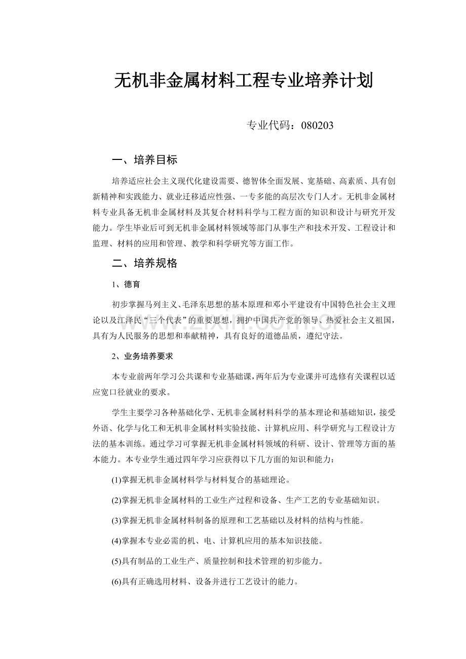 无机非金属材料工程专业培养计划.doc_第1页