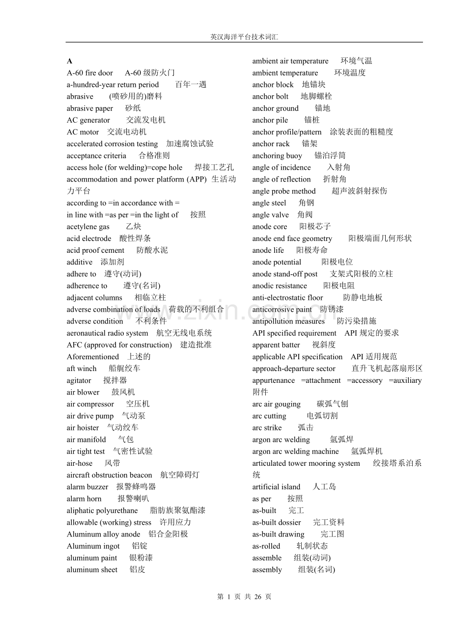 英汉海洋平台技术词汇.doc_第1页