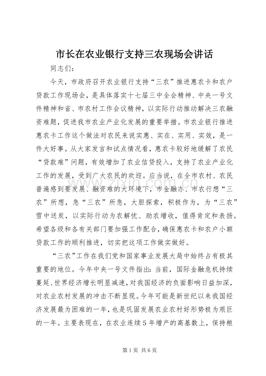 市长在农业银行支持三农现场会讲话.docx_第1页