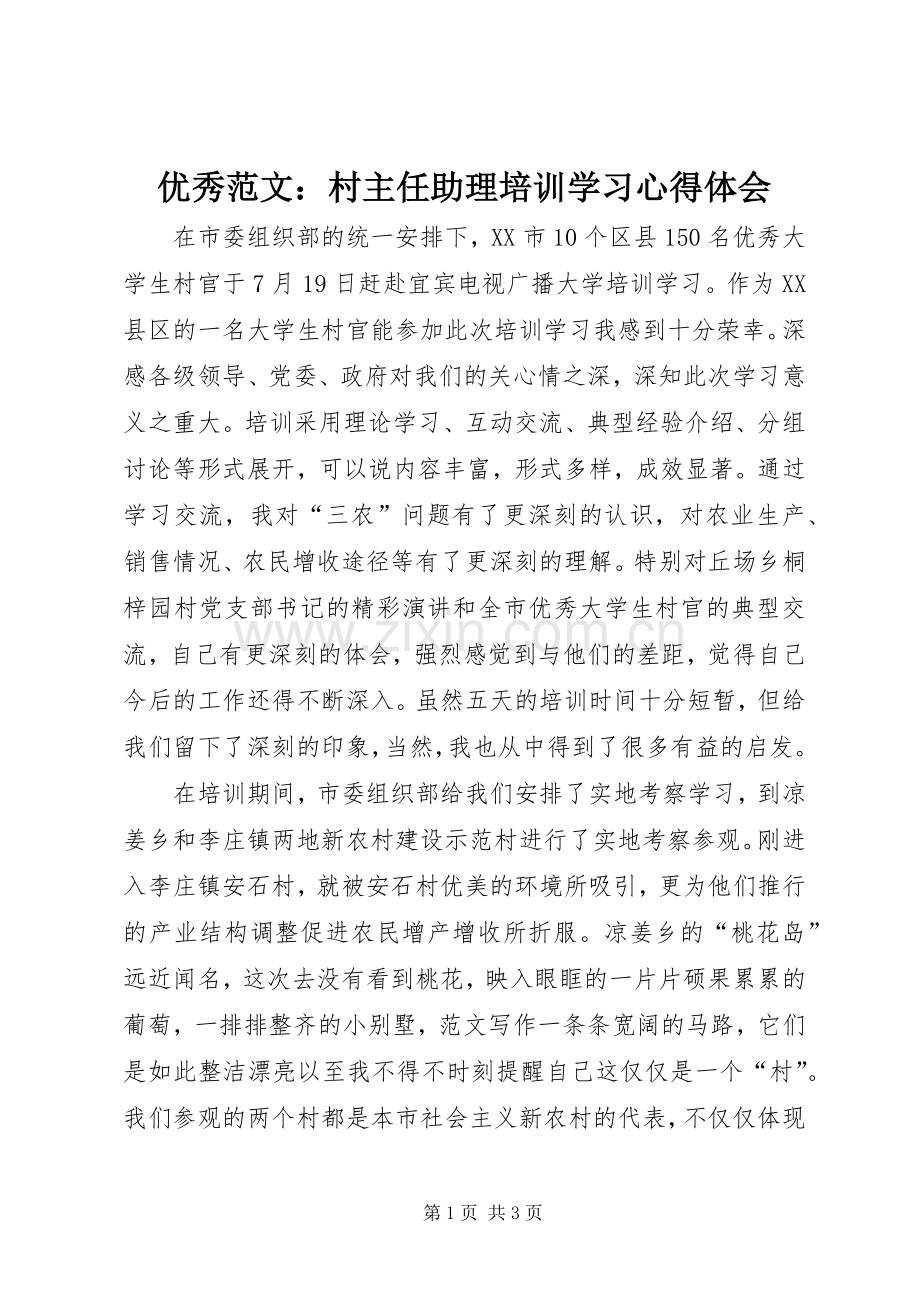 优秀范文：村主任助理培训学习心得体会.docx_第1页