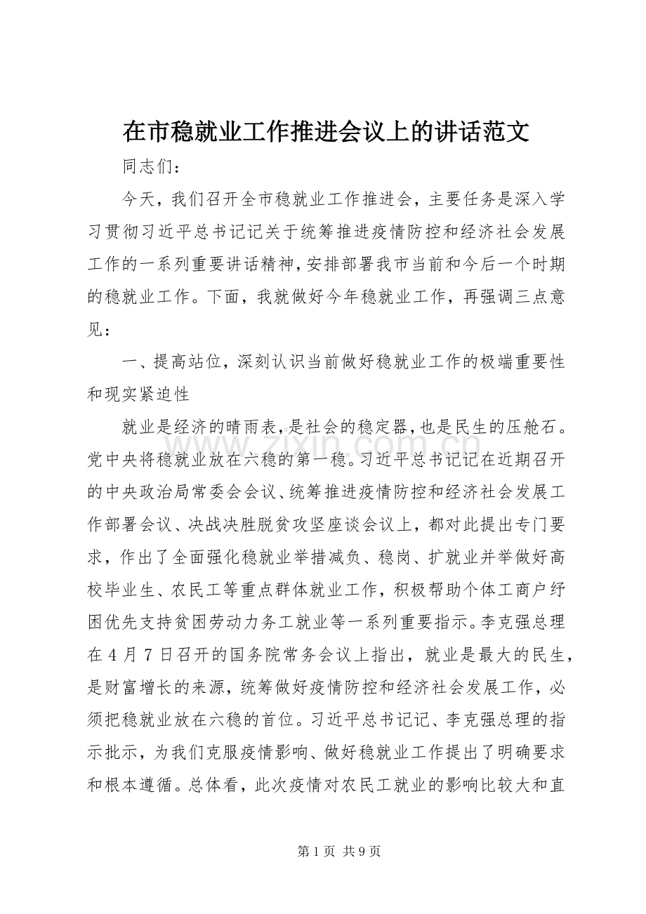 在市稳就业工作推进会议上的讲话范文.docx_第1页
