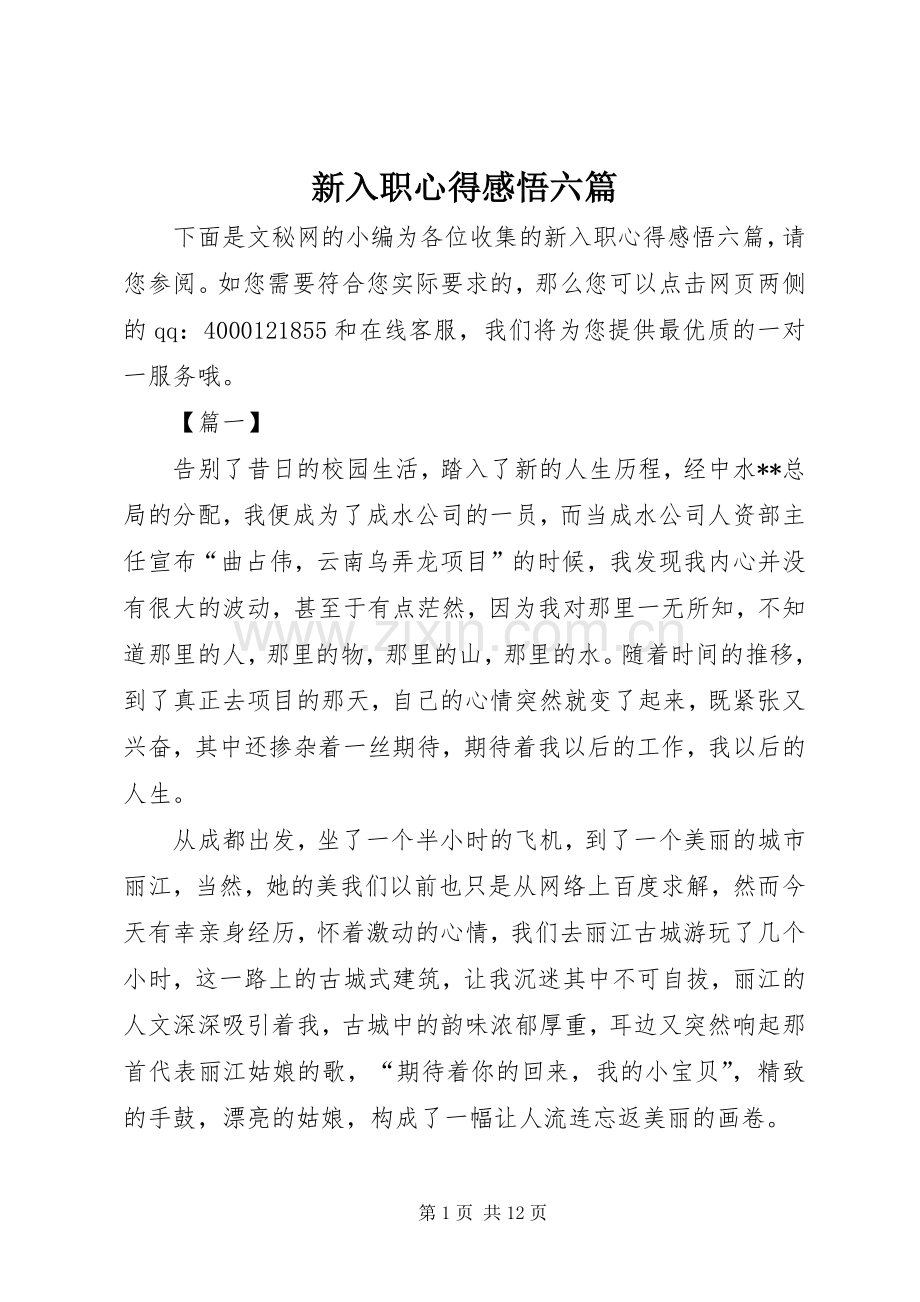 新入职心得感悟六篇.docx_第1页