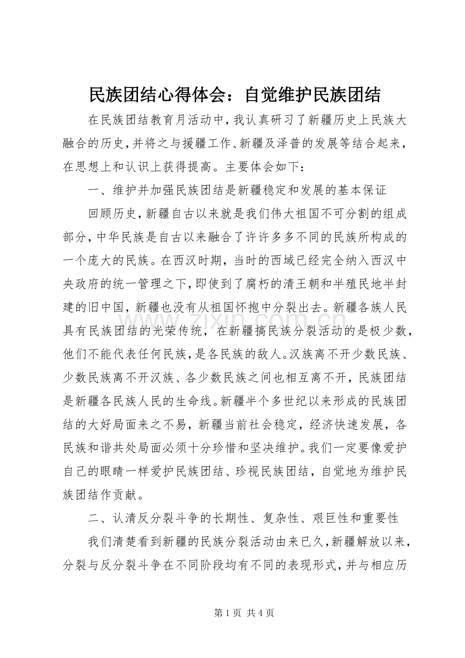 民族团结心得体会：自觉维护民族团结.docx_第1页