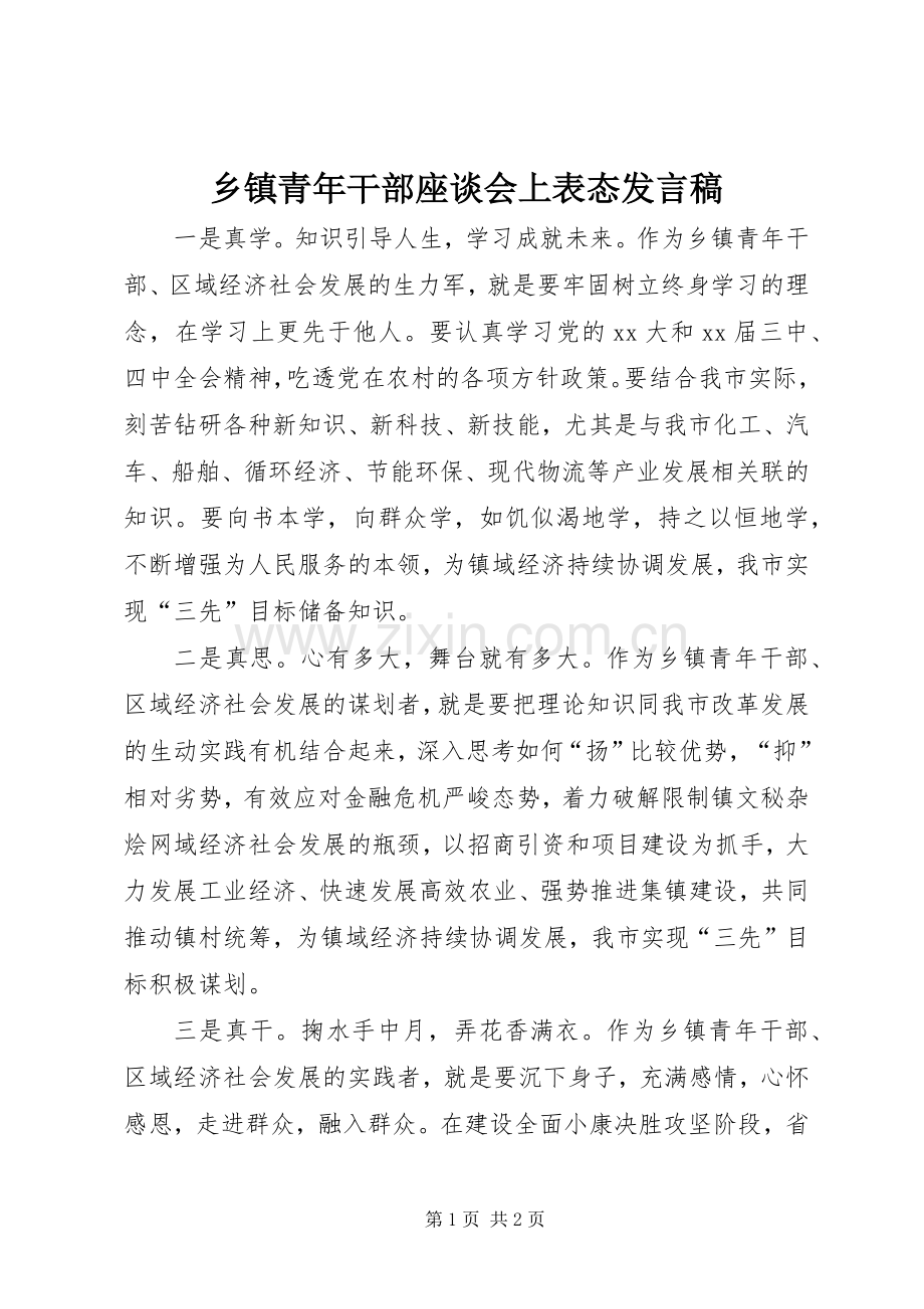 乡镇青年干部座谈会上表态发言稿.docx_第1页