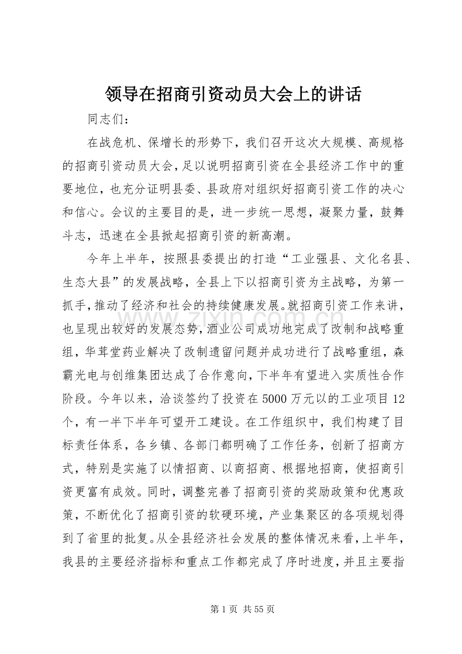 领导在招商引资动员大会上的讲话.docx_第1页