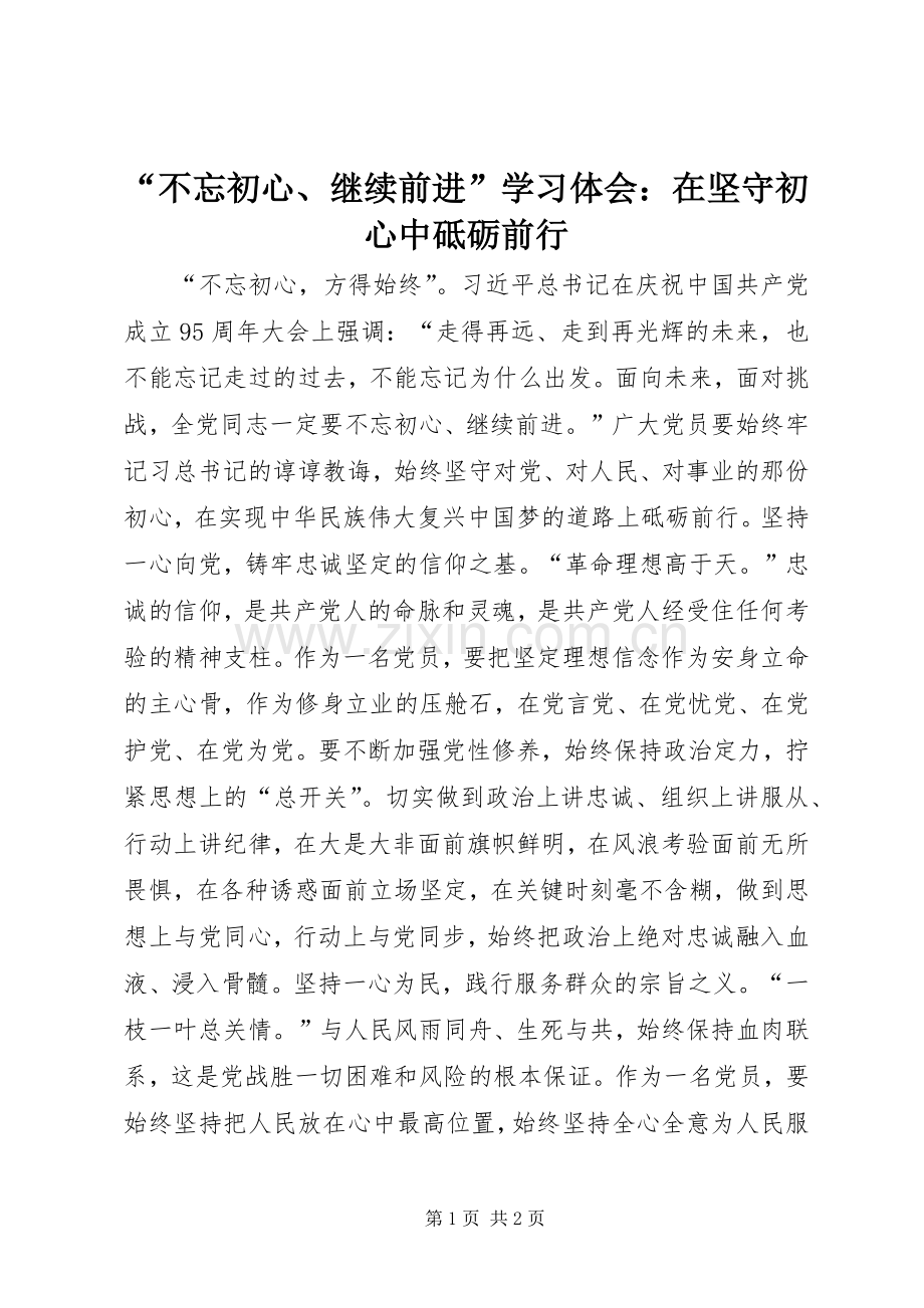 “不忘初心、继续前进”学习体会：在坚守初心中砥砺前行.docx_第1页