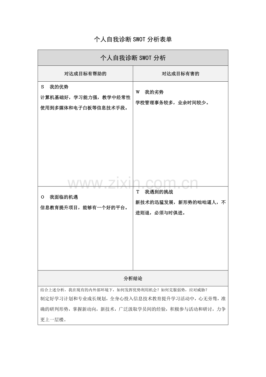 第一步骤所需文档：个人自我诊断SWOT分析表(杨禹).doc_第1页
