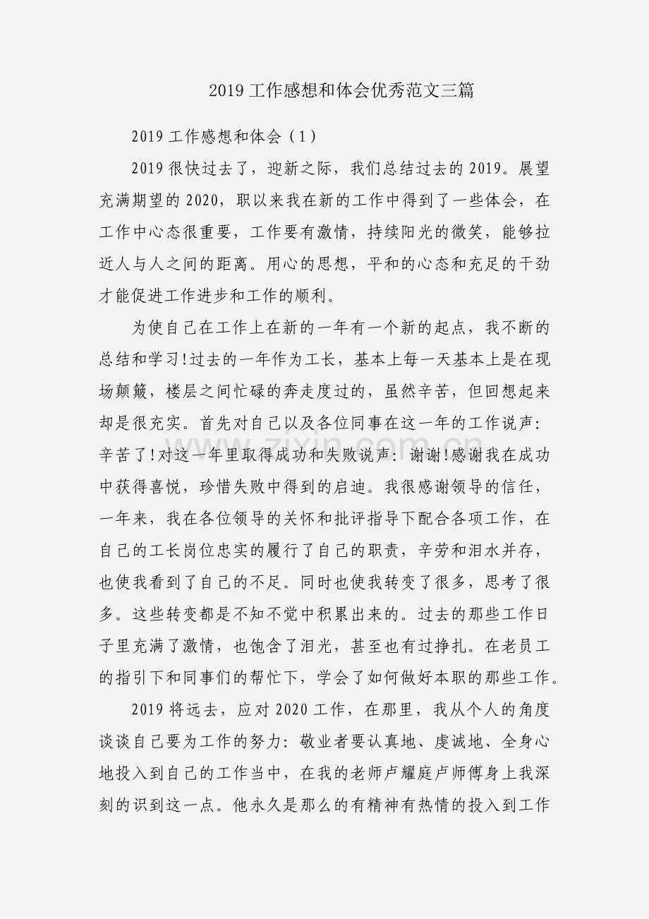 2019工作感想和体会优秀范文三篇.docx_第1页