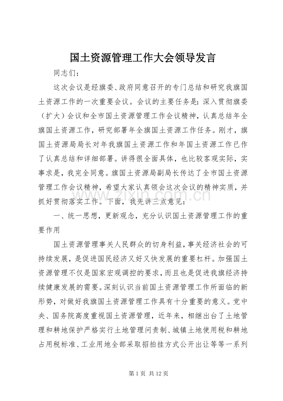 国土资源管理工作大会领导发言.docx_第1页
