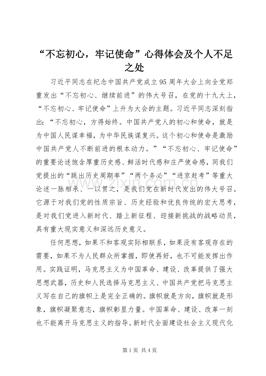 “不忘初心牢记使命”心得体会及个人不足之处.docx_第1页