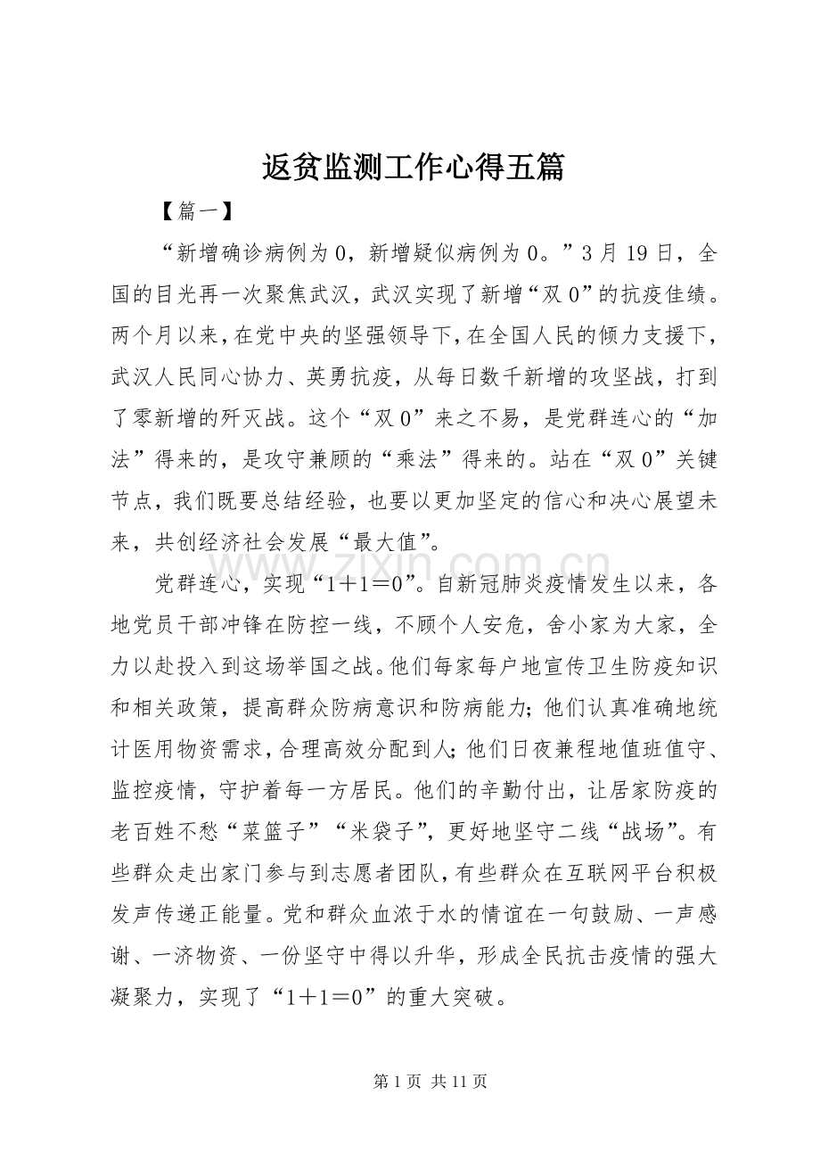 返贫监测工作心得五篇.docx_第1页