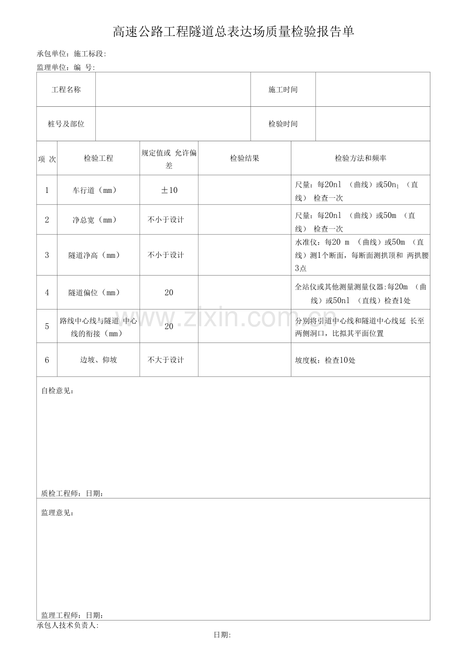 高速公路工程隧道总体现场质量检验报告单.docx_第1页