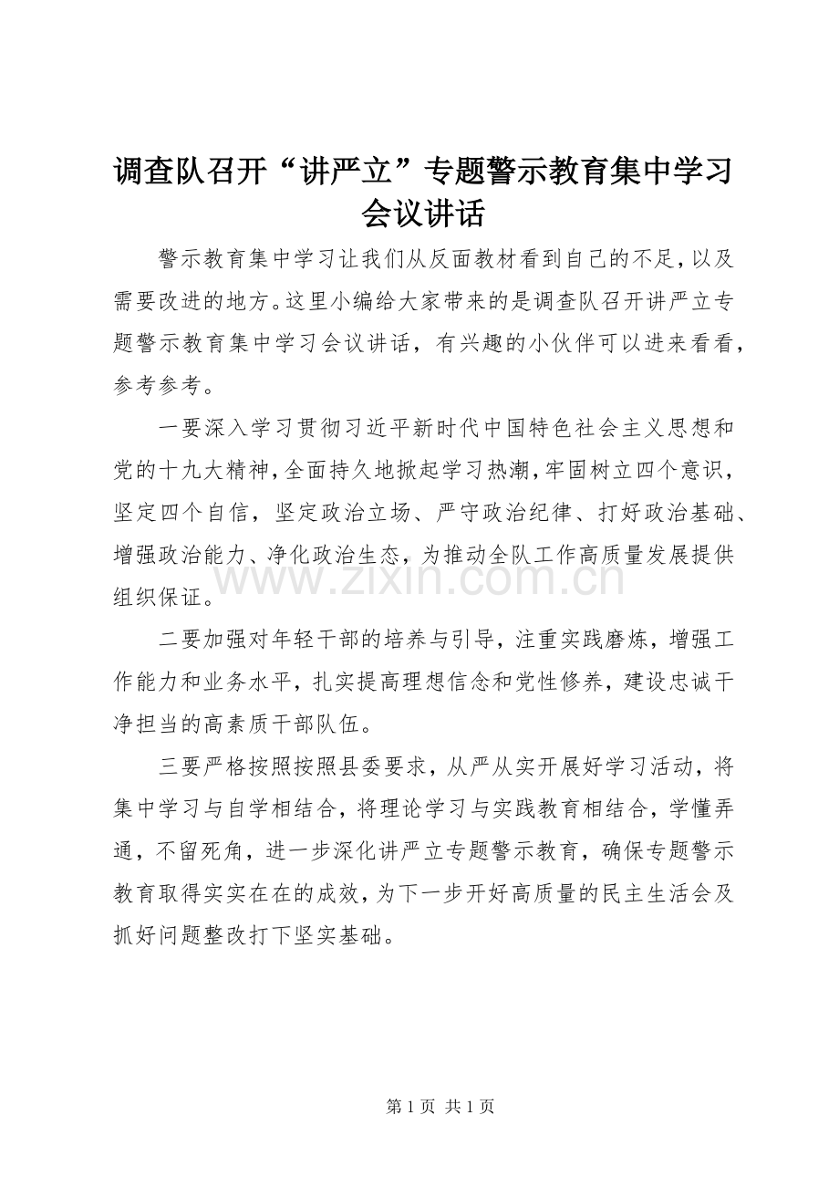 调查队召开“讲严立”专题警示教育集中学习会议讲话.docx_第1页