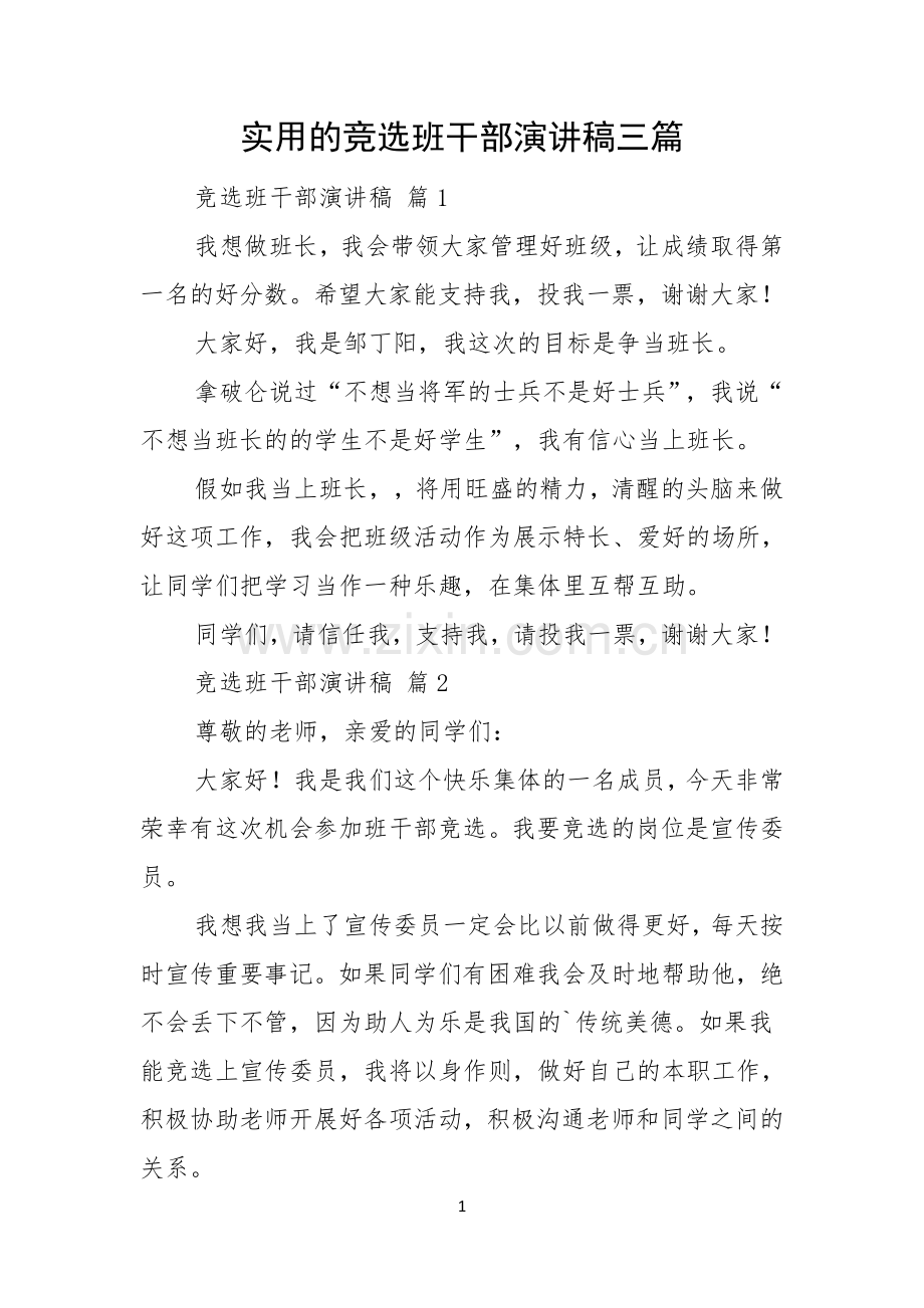 实用的竞选班干部演讲稿三篇.docx_第1页