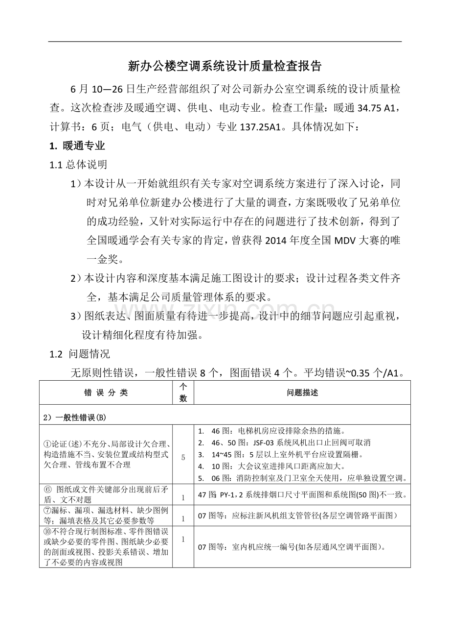 新办公楼空调系统设计质量检查报告.docx_第1页