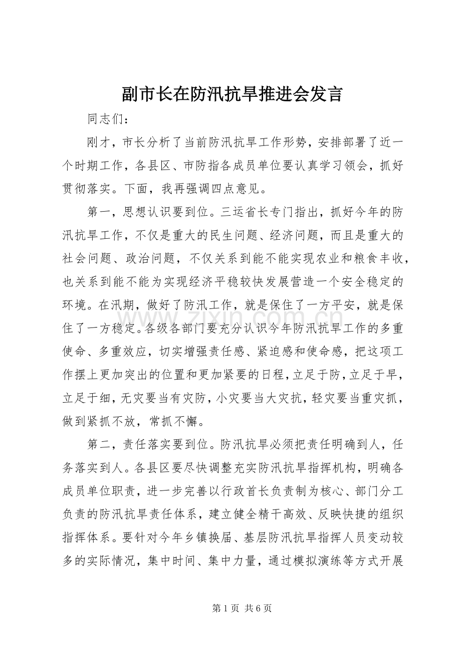 副市长在防汛抗旱推进会发言.docx_第1页