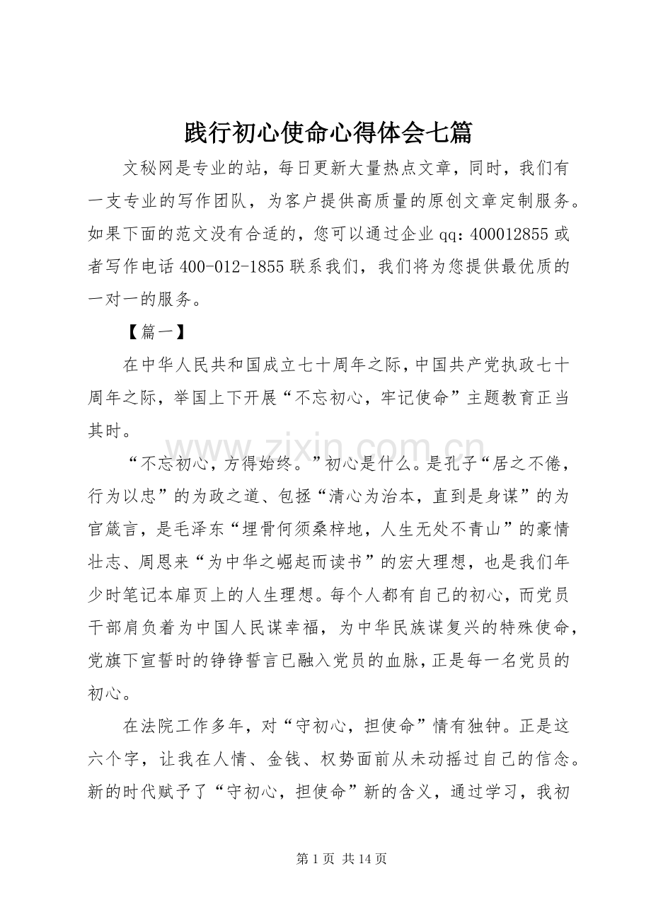 践行初心使命心得体会七篇.docx_第1页