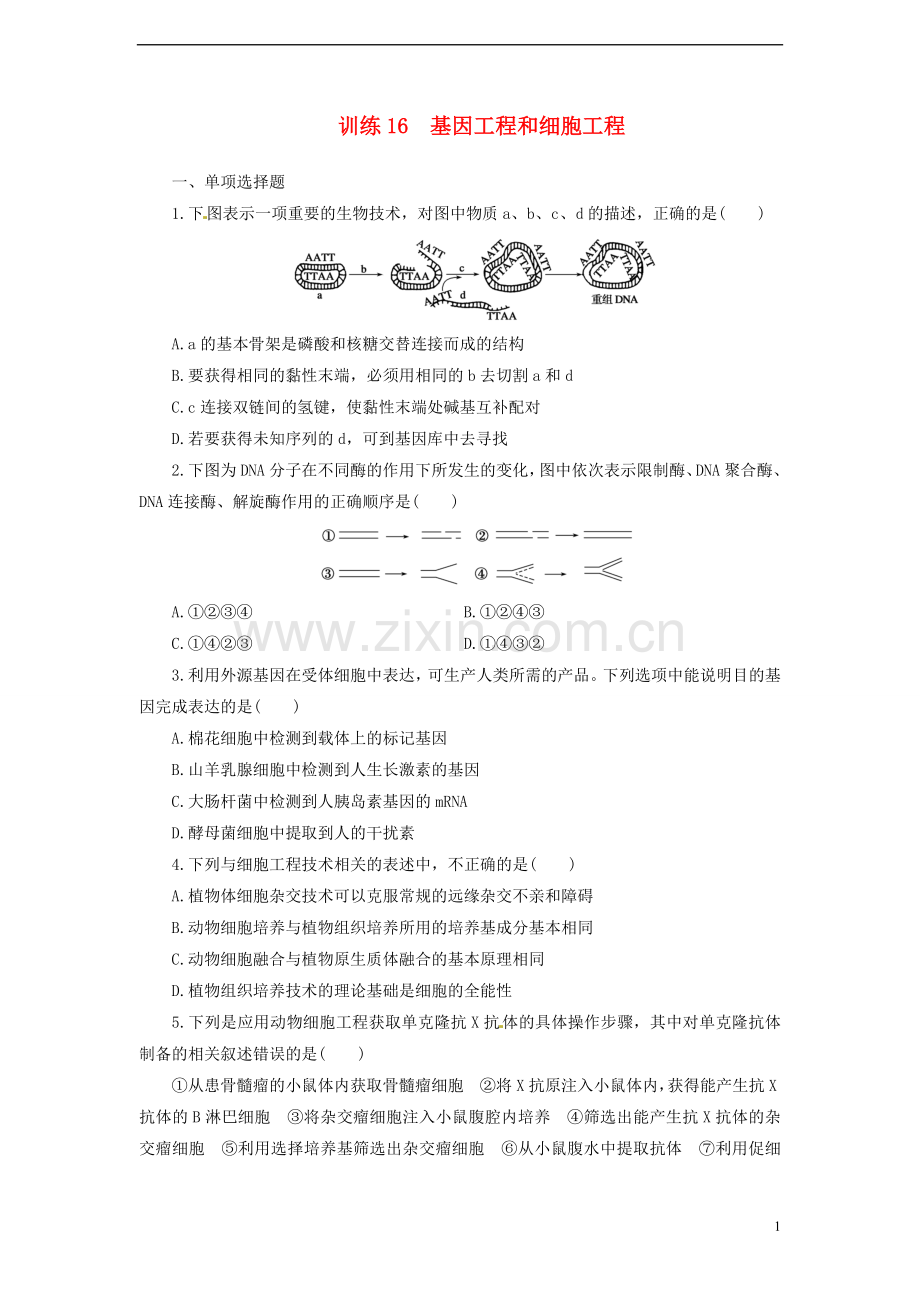 【金牌学案】高考生物二轮专题复习-第一部分训练16-基因工程和细胞工程-新人教版.doc_第1页