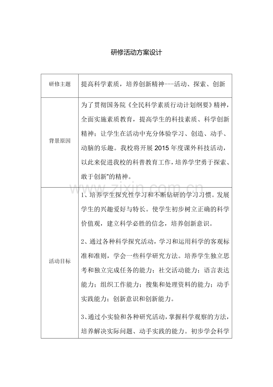 万胜小学提高科学素质-培养创新精神研修活动设计方案.docx_第1页
