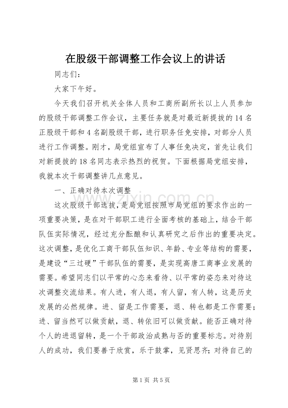 在股级干部调整工作会议上的讲话.docx_第1页