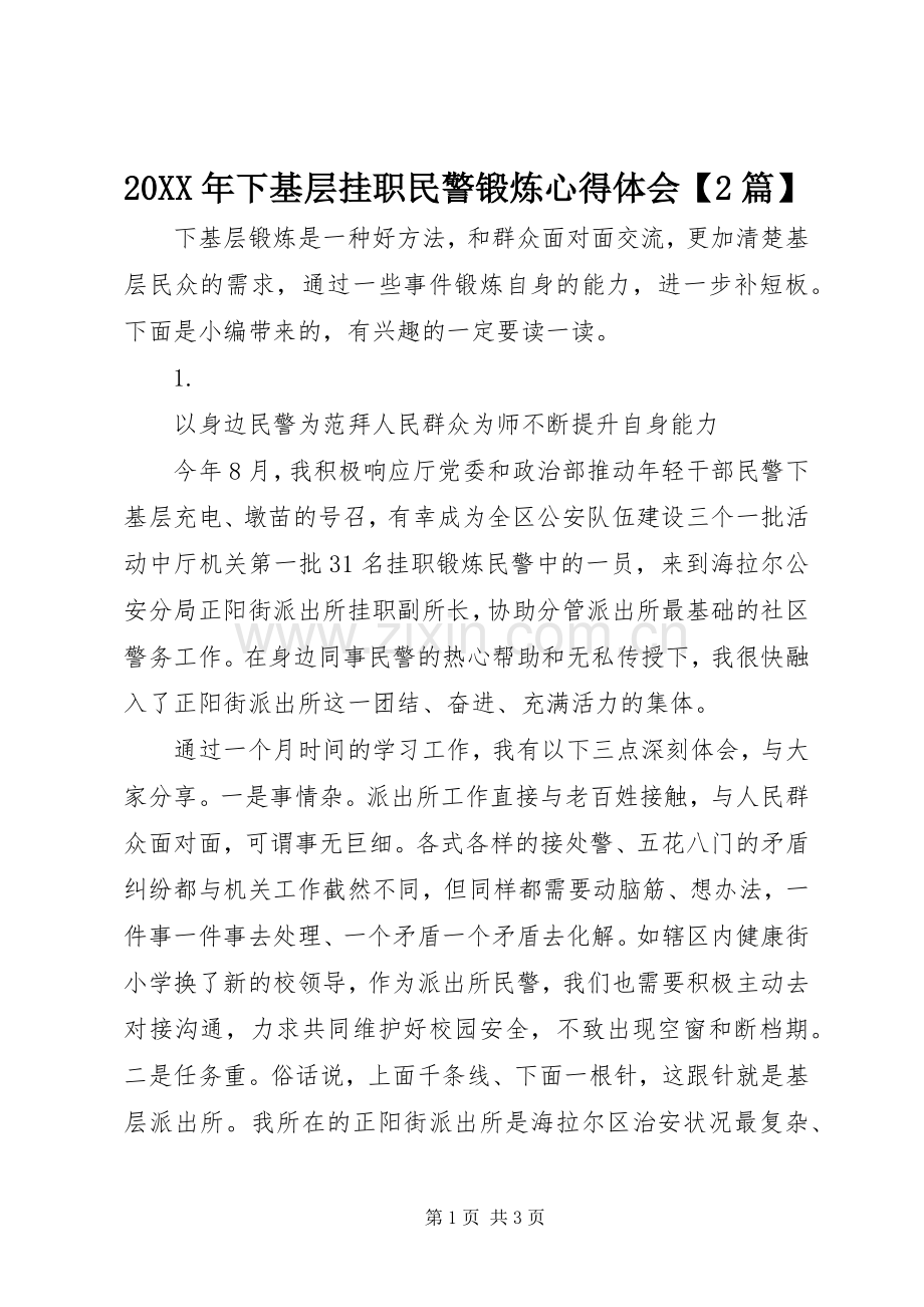 20XX年下基层挂职民警锻炼心得体会【2篇】.docx_第1页