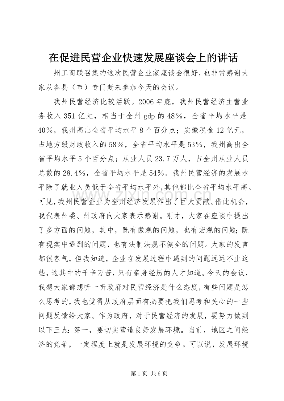 在促进民营企业快速发展座谈会上的讲话.docx_第1页