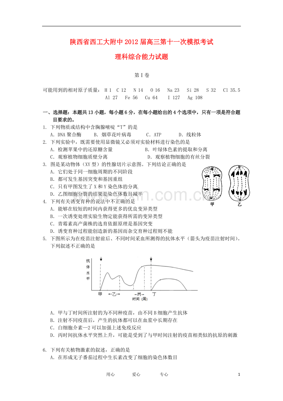 陕西省西工大附中高三理综第十一次模拟考试试题.doc_第1页