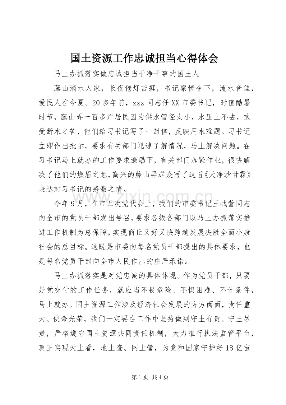 国土资源工作忠诚担当心得体会.docx_第1页