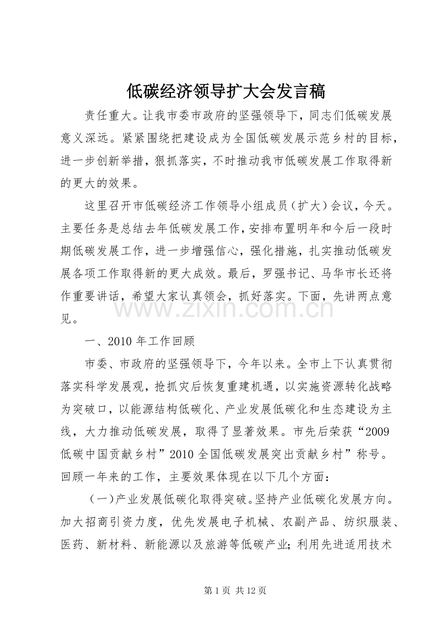 低碳经济领导扩大会发言稿.docx_第1页