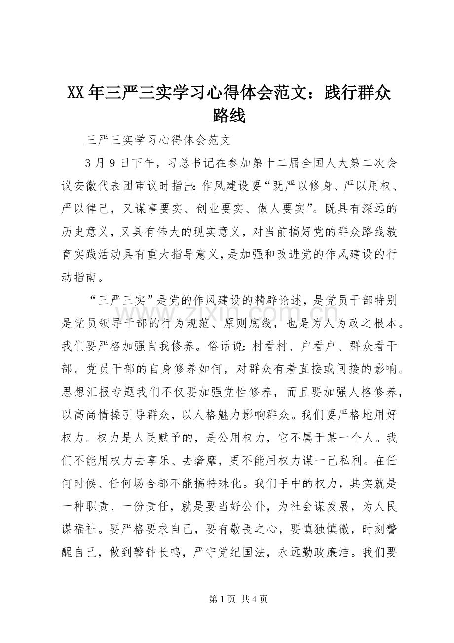 XX年三严三实学习心得体会范文：践行群众路线.docx_第1页