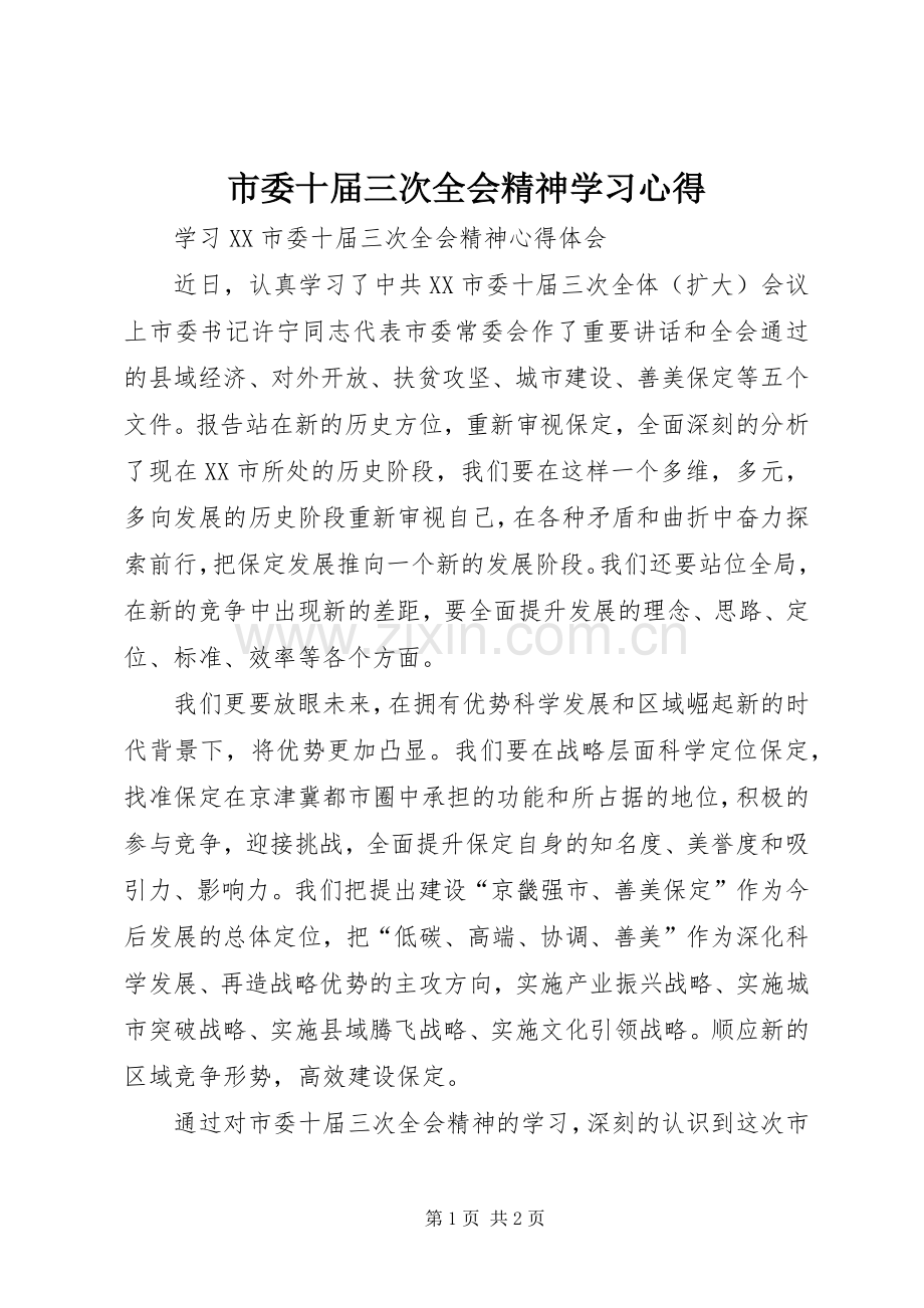 市委十届三次全会精神学习心得.docx_第1页