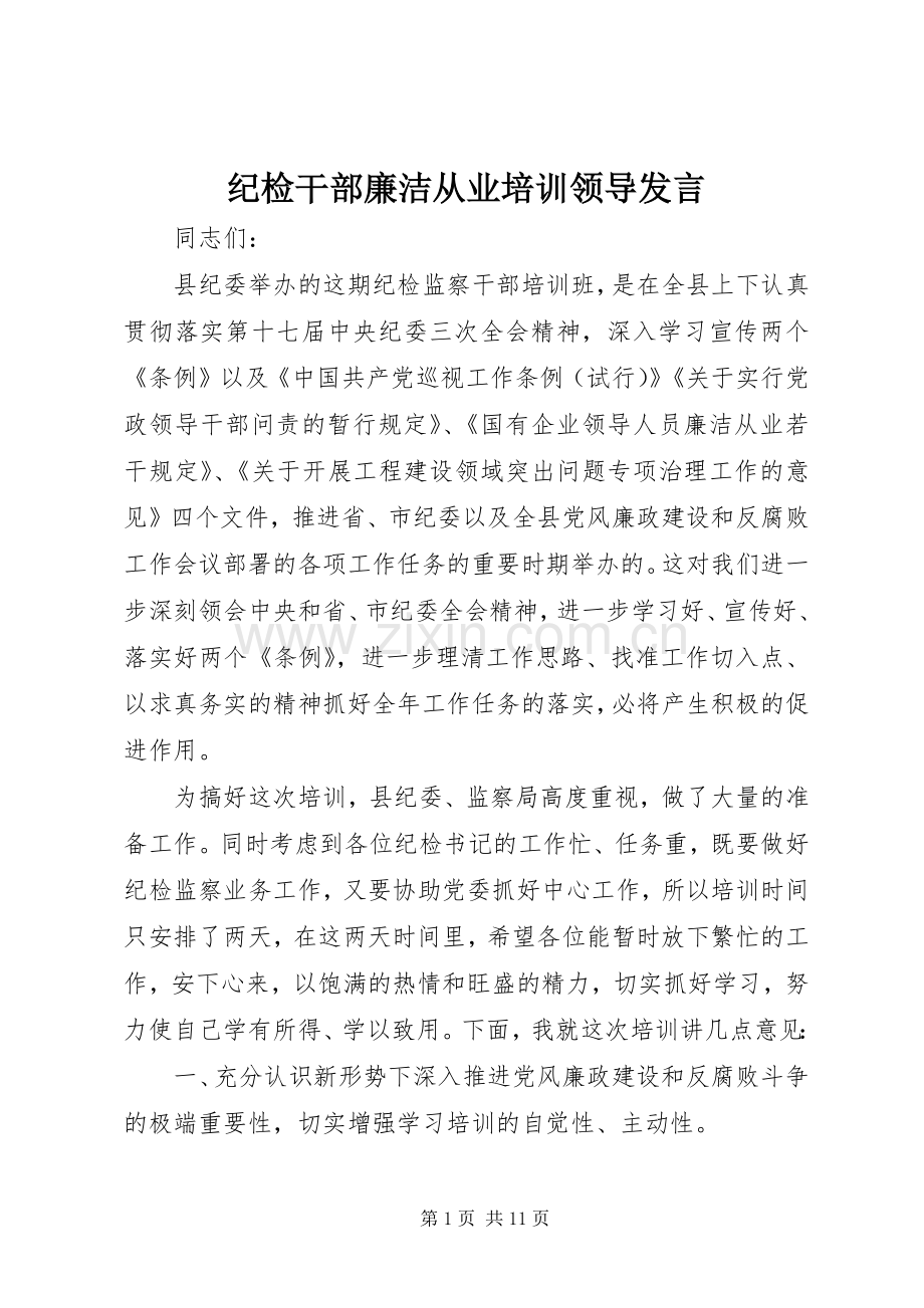 纪检干部廉洁从业培训领导发言.docx_第1页