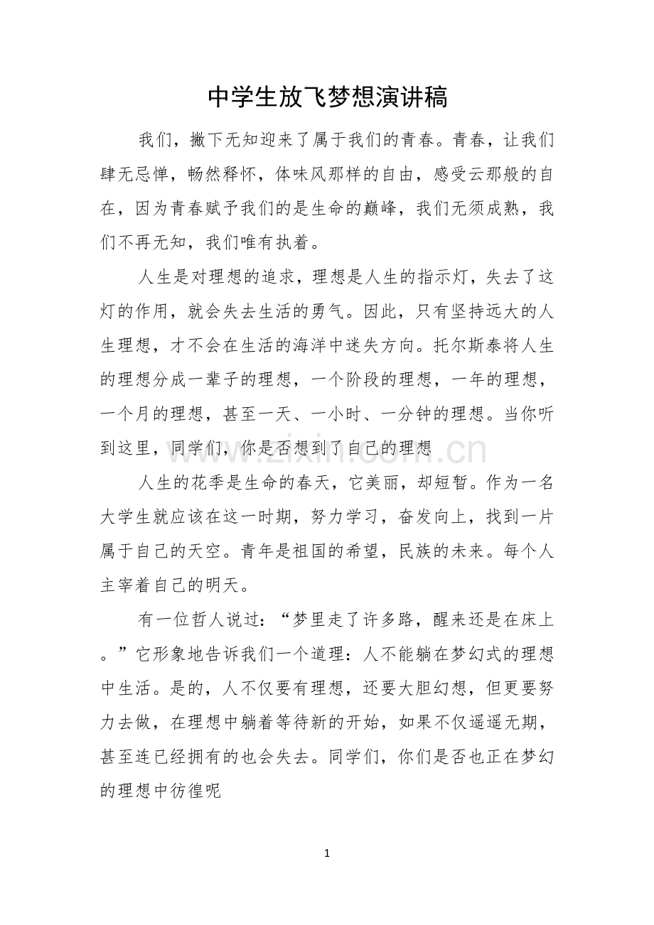 中学生放飞梦想演讲稿.docx_第1页