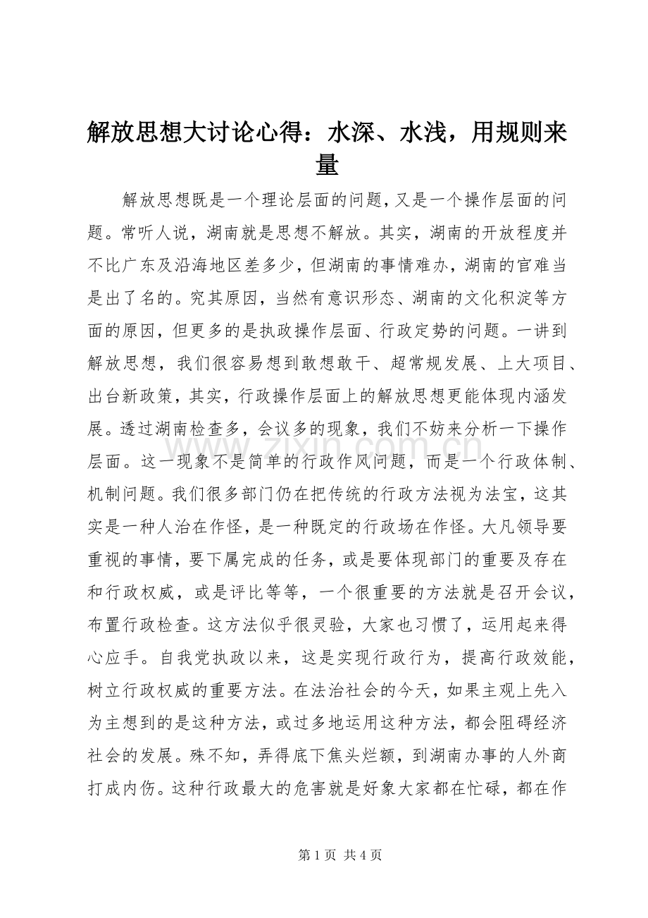 解放思想大讨论心得：水深、水浅用规则来量.docx_第1页