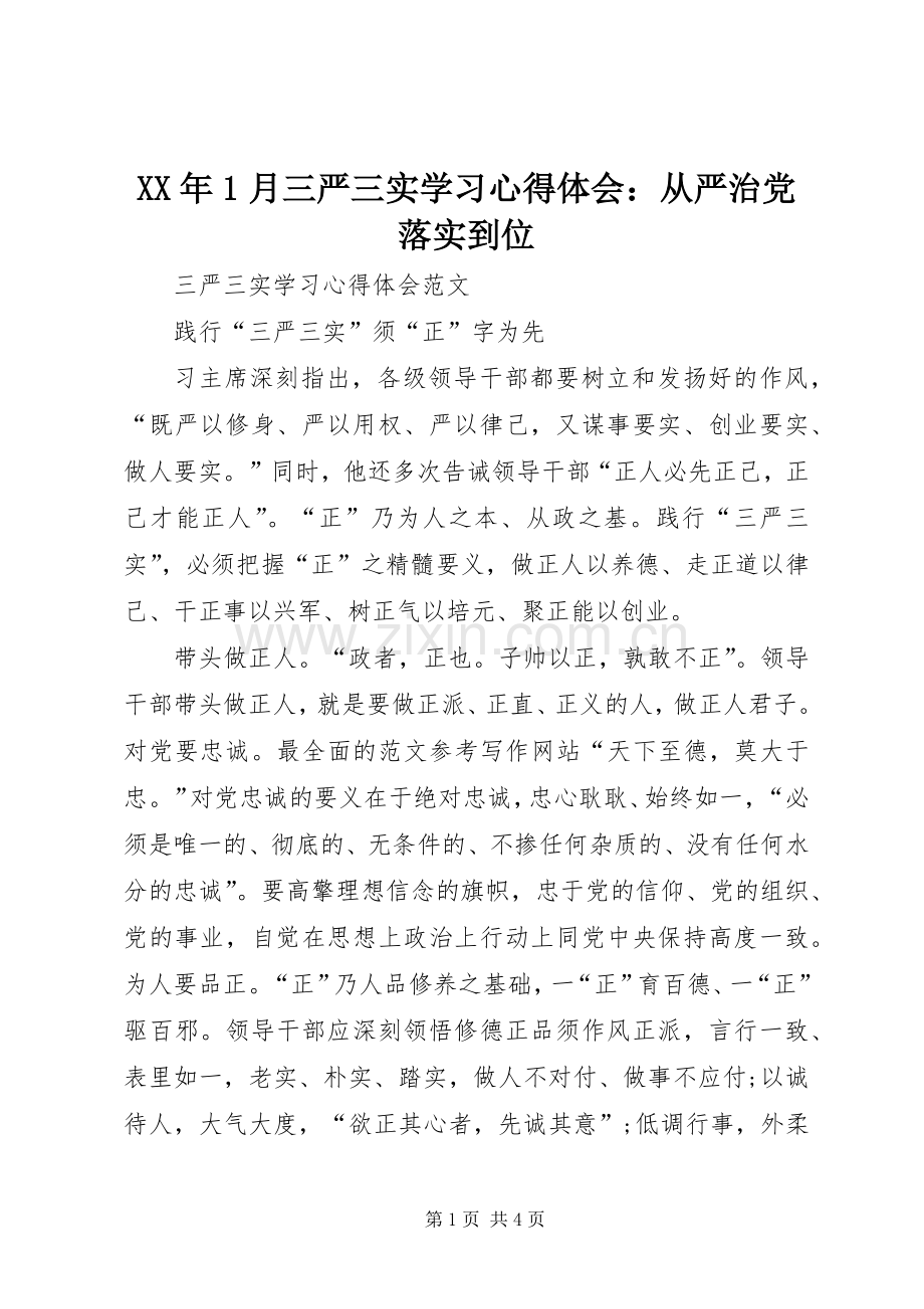 XX年1月三严三实学习心得体会：从严治党落实到位.docx_第1页