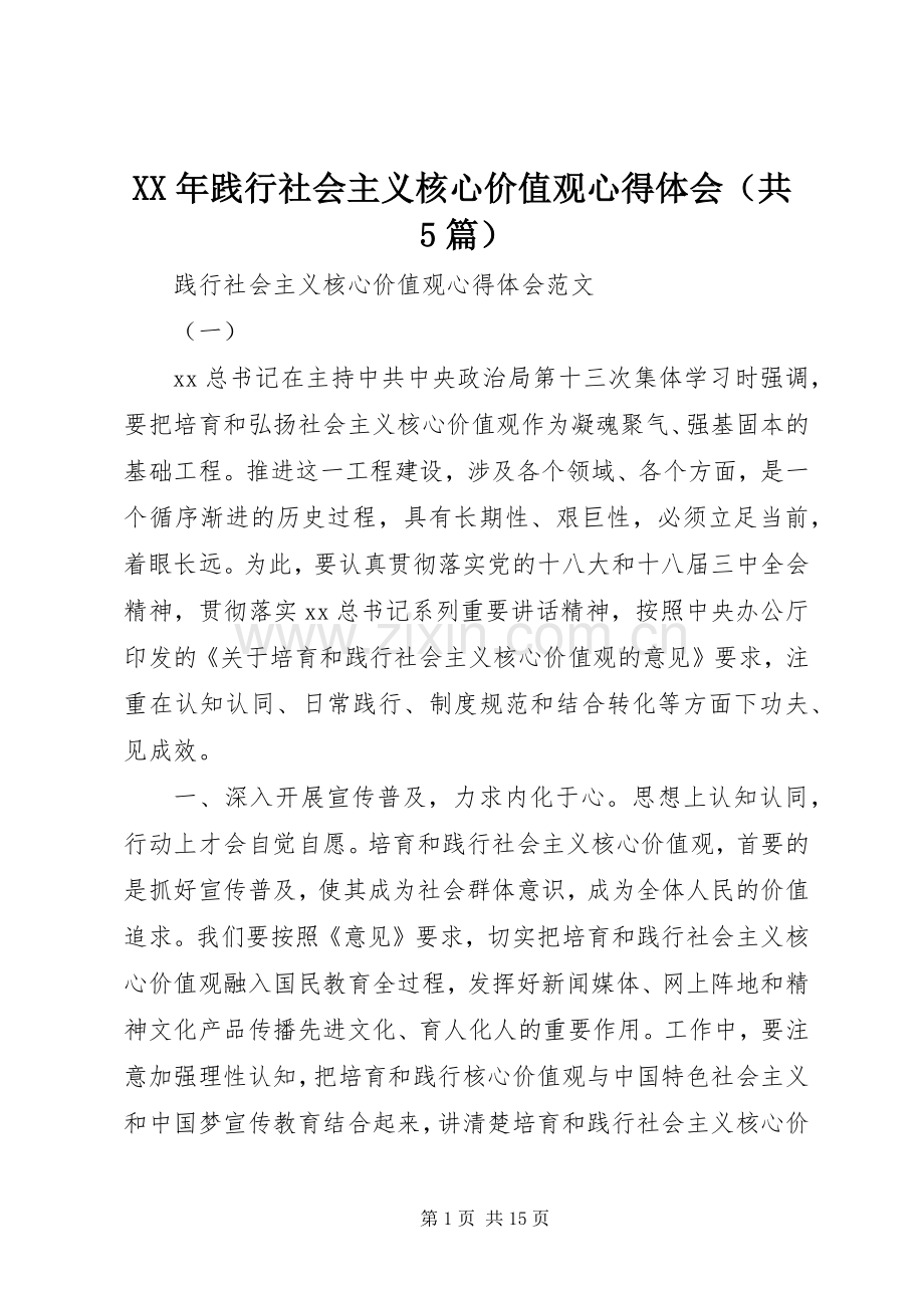 XX年践行社会主义核心价值观心得体会（共5篇）.docx_第1页