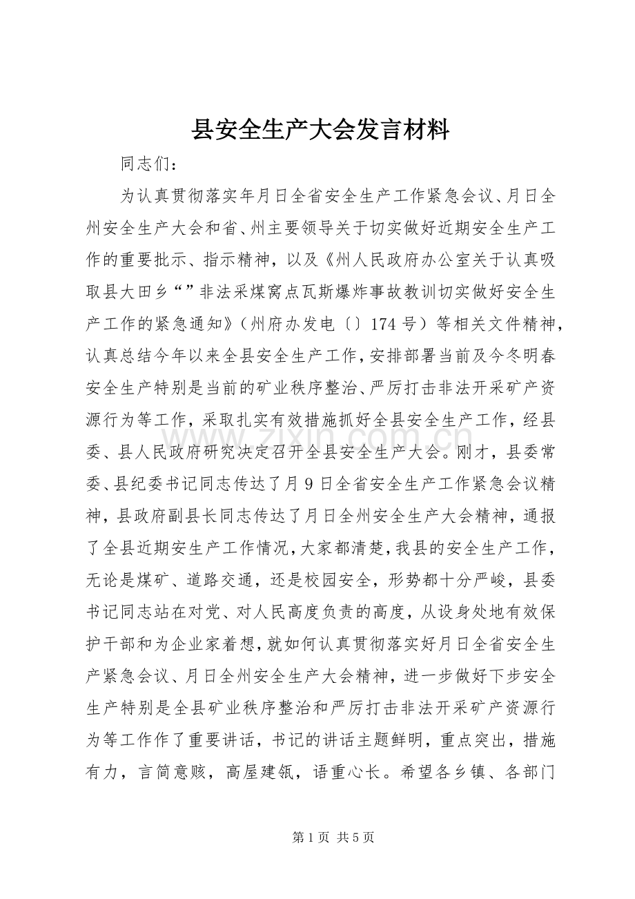县安全生产大会发言材料.docx_第1页