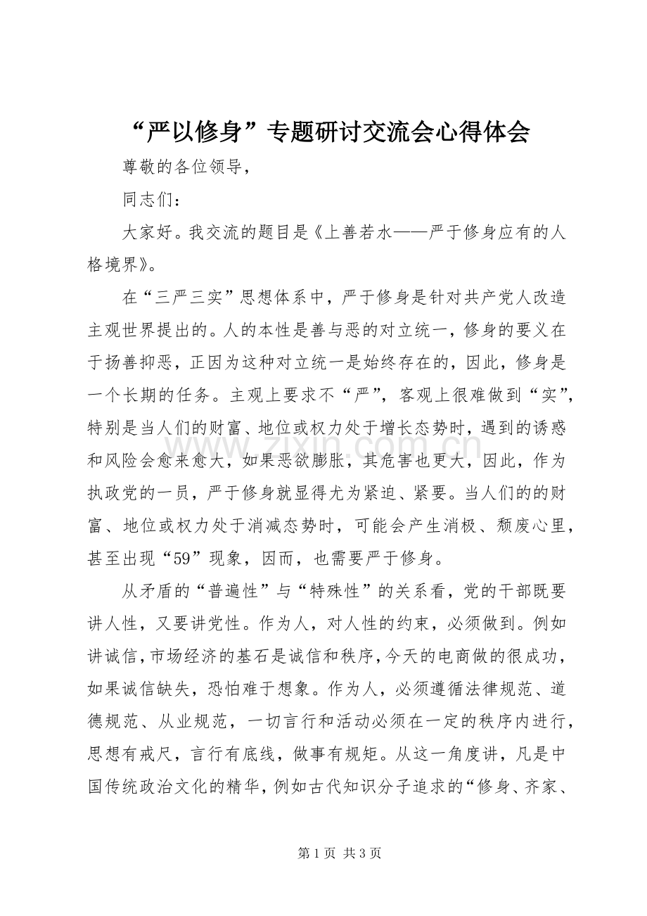 “严以修身”专题研讨交流会心得体会.docx_第1页