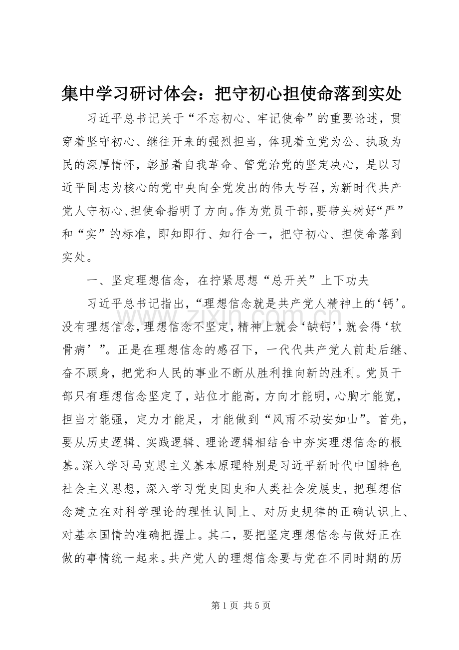 集中学习研讨体会：把守初心担使命落到实处.docx_第1页