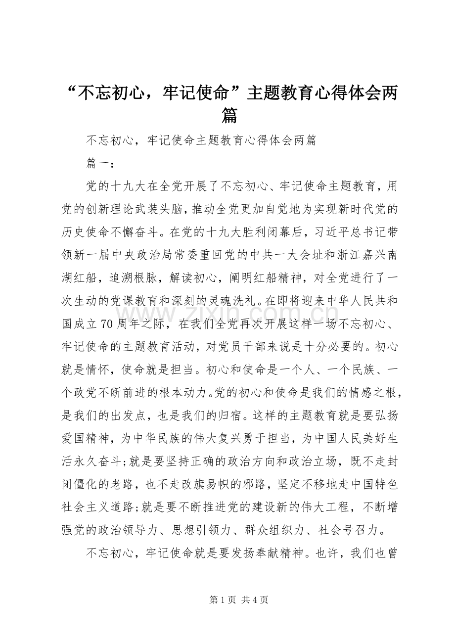 “不忘初心牢记使命”主题教育心得体会两篇.docx_第1页