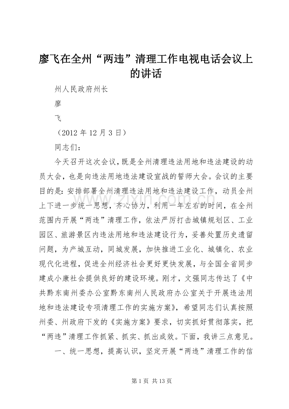 廖飞在全州“两违”清理工作电视电话会议上的讲话.docx_第1页