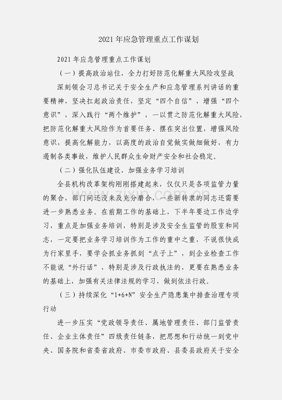2021年应急管理重点工作谋划.docx_第1页